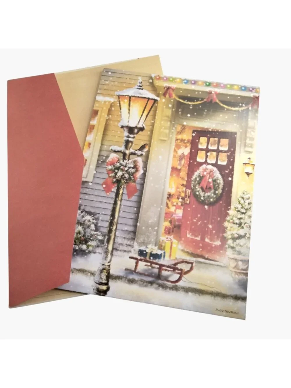 Holiday Greeting Card Simon Treadwell Christmas Door Wreath Lamppost Sled USA